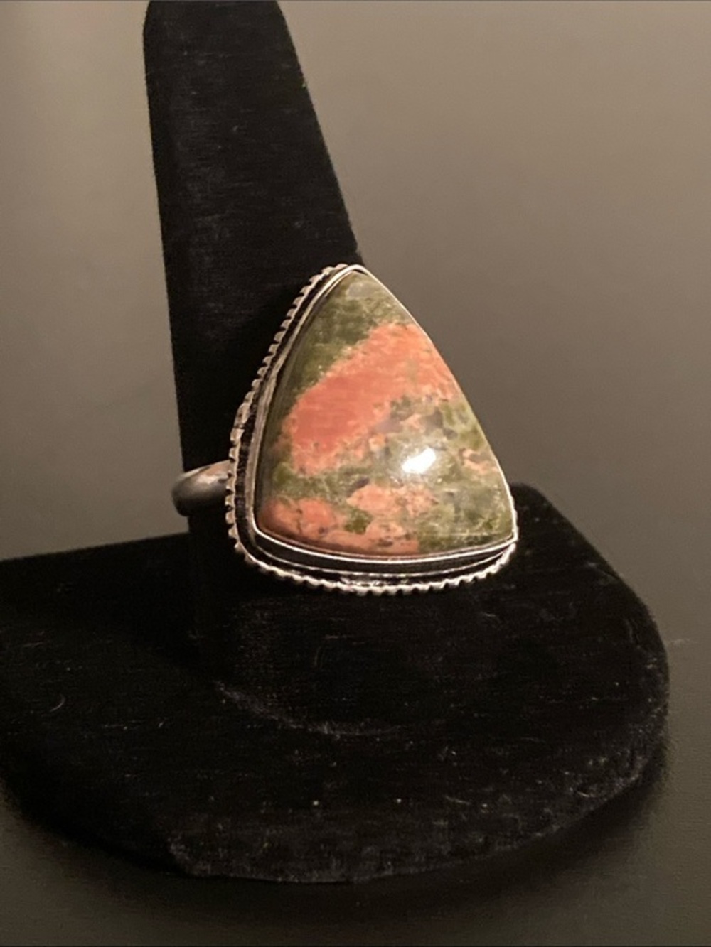 Sterling Silver Ring with Green and Pink Unakite Stone size 10